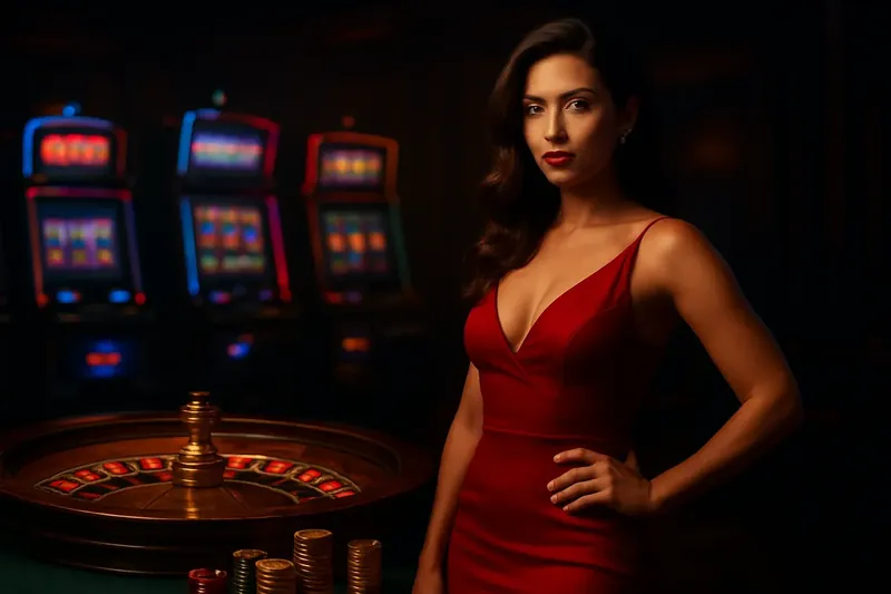 Bangladesh Casino Banner Elegant woman in red dress near roulette and slot machines with neon lights and gold coins