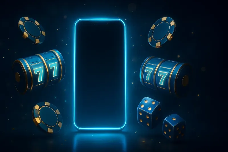 Glowing Smartphone Casino Banner Panoramic banner with glowing smartphone, casino chips, slot reels, dice, gold accents, and festive lighting